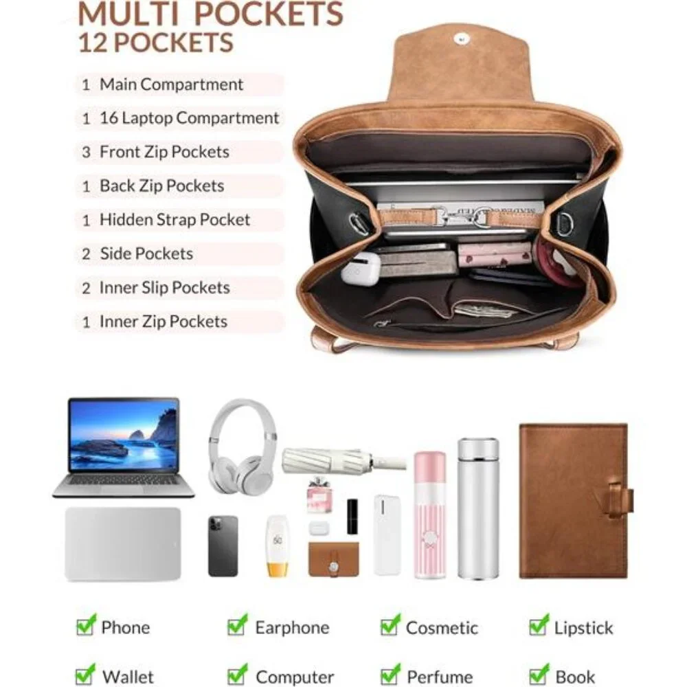 Laptop Bag for Women Designer Leather Laptop Backpack Purse, 16 inch